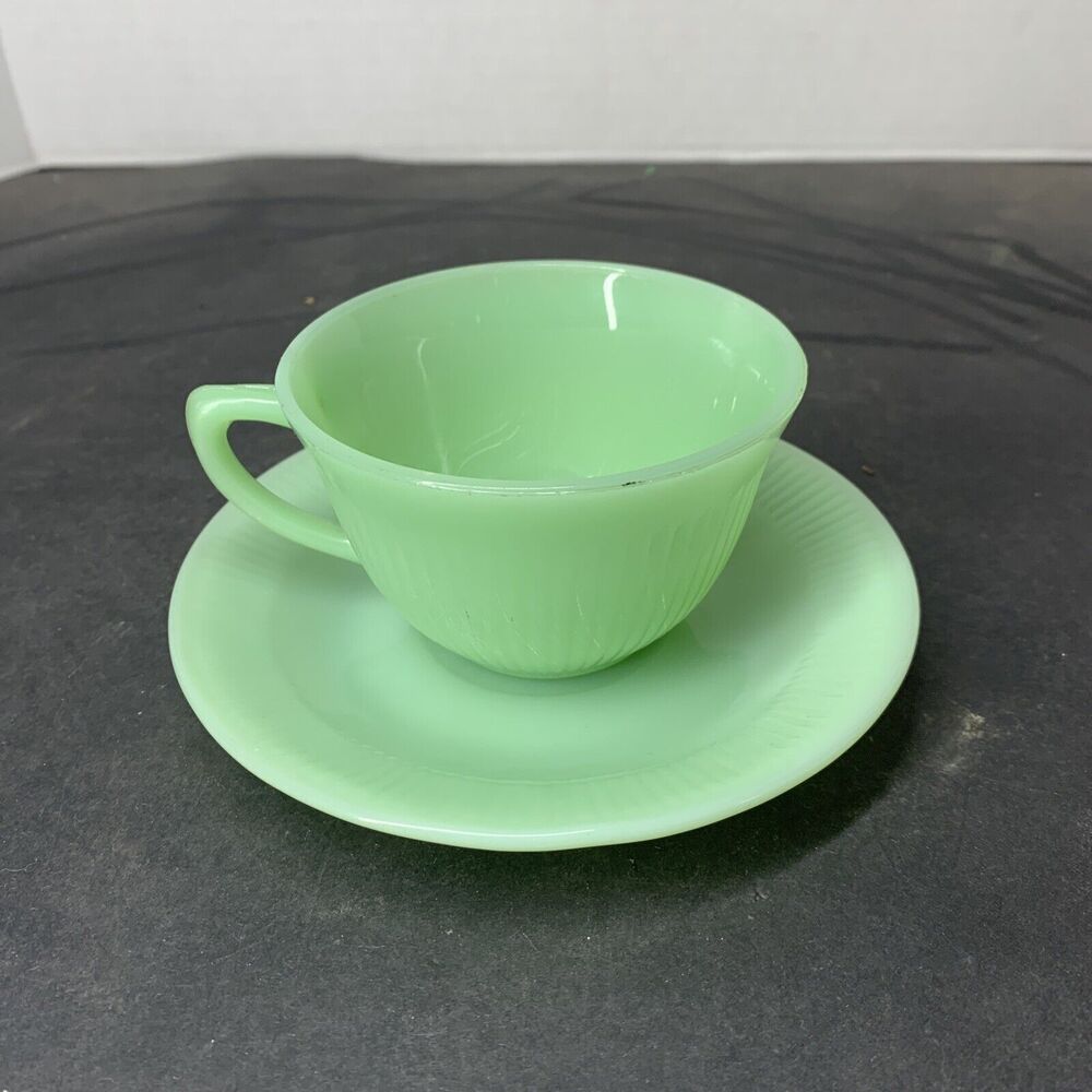 Fire King Jadeite Green Jane Ray Ribbed Cup and Saucer Set Made USA